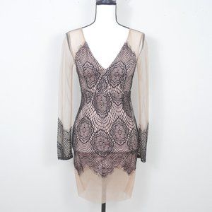 Beidifan Nude Sheer Long Sleeve Black Lace Romantic Sexy Deep V SZ 8 Retro Dress